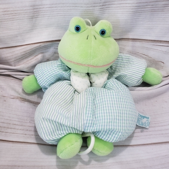 Russ Baby Froggles Green Frog Musical Crib Toy 10 Inch Seersucker Striped Velour - Picture 1 of 9